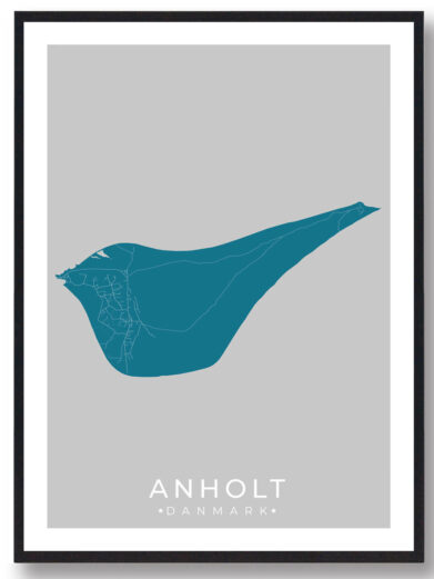 Anholt plakat – sort. Minimalist map of Anholt, Denmark in teal on grey background, framed in black. A stylish Danish island print.