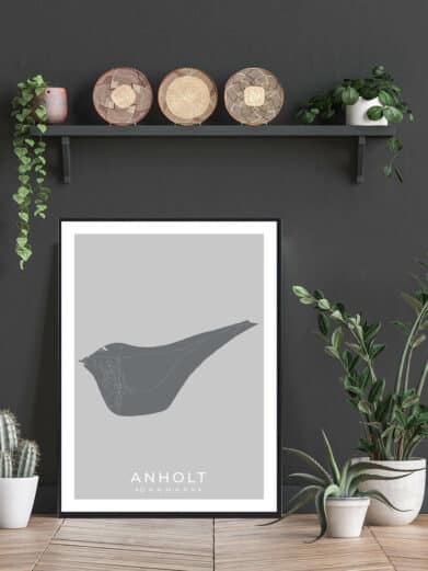 Anholt Denmark map poster. Minimalist design in gray tones. Styled home decor featuring the Anholt print.