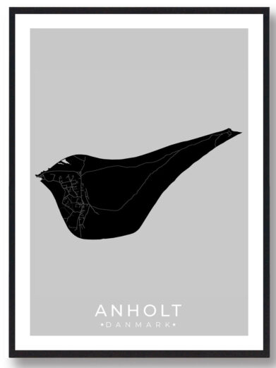 Black Anholt Danmark map art print on gray background framed. Minimalist Danish island poster.