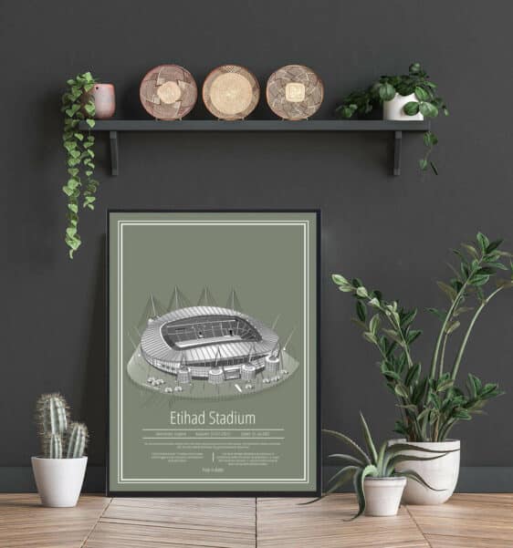 Etihad Stadium poster. Detailed illustration of the stadium on a green background framed in black. Modern wall art for football fans.