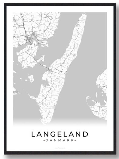 Black framed Langeland plakat, Danmark. Minimalist style map in grayscale showing the island's layout, roads, and surrounding waters.