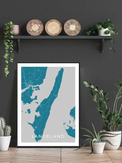 Langeland poster in black frame. Map art print in teal and gray. Shows island roads and waterways. Modern Scandinavian design.