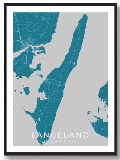 Langeland plakat. Teal map of Danish island on gray background, framed in black. Minimalist style.
