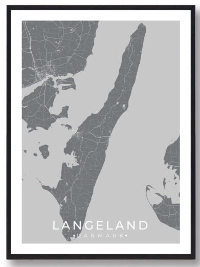 Langeland Danmark poster. Minimalist gray map print framed in black. A stylish way to display your love for Langeland.