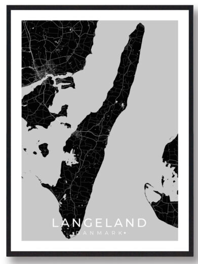 Sort Møn plakat med kort over øen i Danmark. Minimalistisk design i sort og grå, perfekt til vægdekoration. Fra 79 kr.