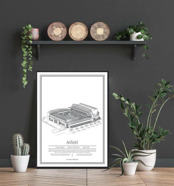 Anfield Stadium poster. A black and white architectural rendering of the stadium provides a detailed view in a modern style.