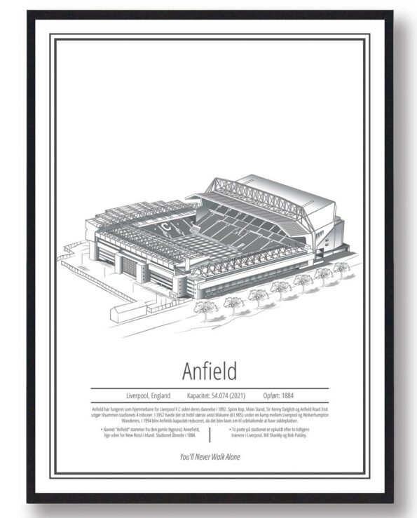 Liverpool stadion plakat med hvid baggrund.