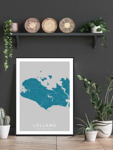Framed Lolland map poster in teal on gray. Modern Scandinavian design. Danish island art print for minimalist home decor.