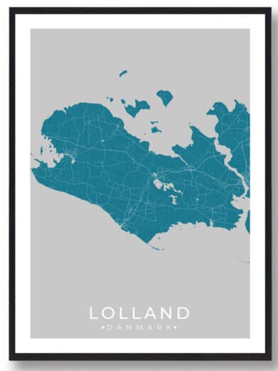 Lolland Denmark poster: A framed minimalist map art print featuring Lolland island in teal on a gray background, Denmark.