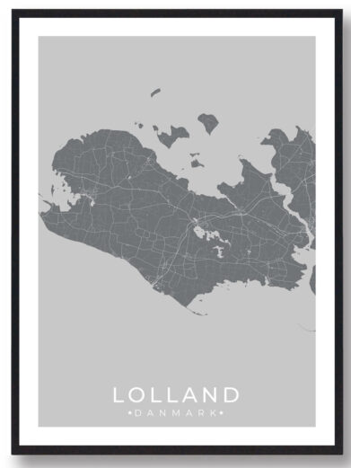 Møn plakat sort: Grå Møn Danmark kort med veje, indrammet i sort. Danske Øer, Sjælland. Minimalistisk design.