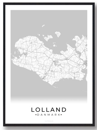 Lolland Plakat: minimalistisk sort/hvid plakat med kort over Lolland, Danmark. Moderne grafisk design i sort ramme.