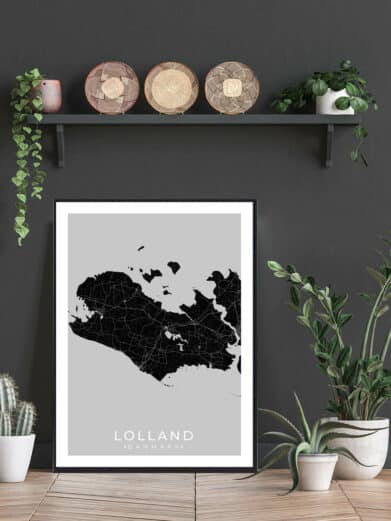 Lolland plakat, Danmark. Black map on grey background, framed, with plants. Minimalist style. Island art print.