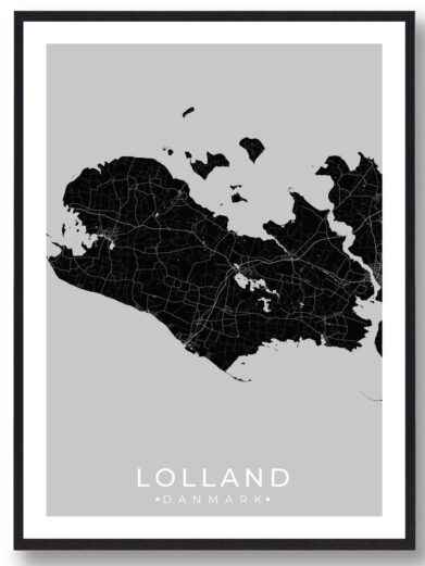 Black and gray Lolland map poster framed. Minimalist design featuring the Danish island, perfect for Scandinavian style decor.
