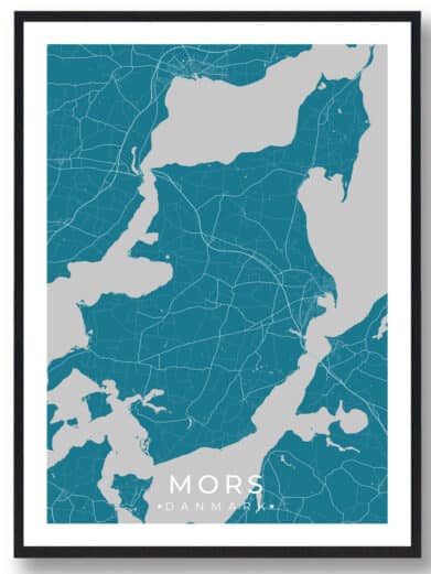 Mors plakat i sort ramme. Detaljeret kort over Mors i Danmark med blå baggrund og grå landområder.
