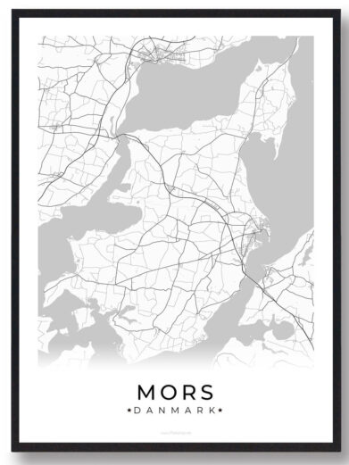 Samsø plakat i sort/hvid. Detaljeret kort over Samsø, Danmark, med veje og vandveje i en moderne grafisk stil.
