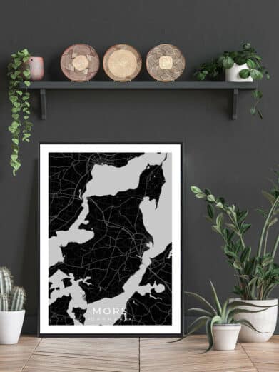 Samsø plakat in black and white. Features a detailed map of the Danish island, elegantly framed and styled with plants.