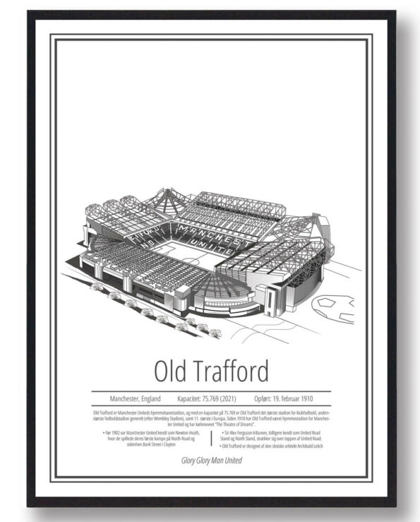 Manchester United station plakat med Old Trafford, på hvid baggrund. Viser Old Trafford og beskriver stadionet
