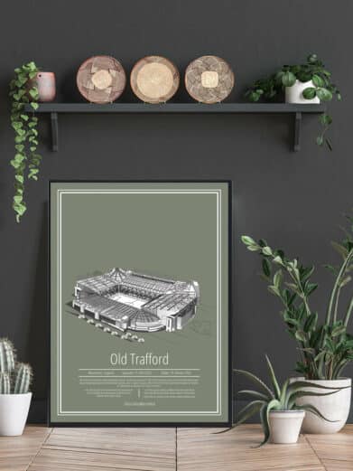 Old Trafford Manchester United stadium poster. Architectural style drawing of the stadium on a gray-green background, framed.
