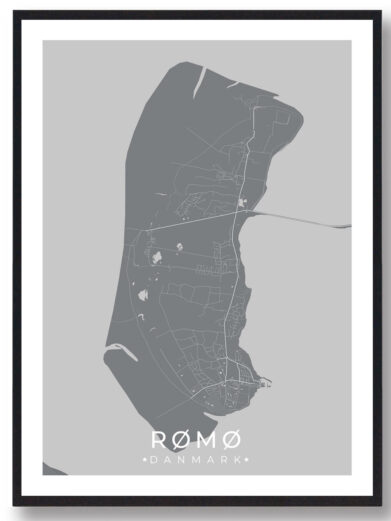 Samsø plakat i sort: A minimalistisk kort over Samsø, Danmark, i gråtoner, indrammet i sort. Viser øens veje og geografi.