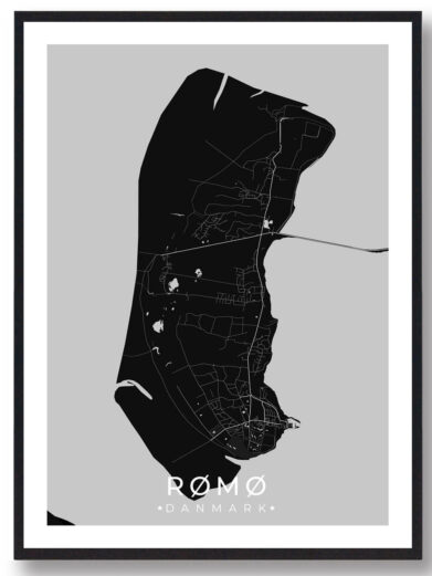 Sort Samsø plakat med detaljeret kort over øen, Midtjylland. Minimalistisk design i sort og hvid. Danske Øer kunst.