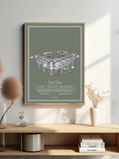 San Siro A.C. Milan stadion plakat. Grøn baggrund, detaljeret stadionillustration. Fodboldplakat i italiensk stil.
