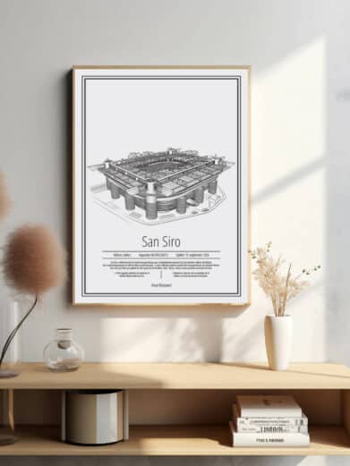San Siro A.C. Milan stadion plakat. Minimalistisk design i sort/hvid. Italiensk fodboldplakat med detaljeret illustration af stadion.