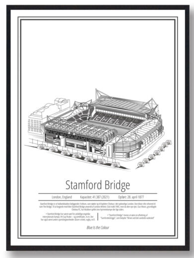 Fodbold plakat med Chelsea stadion. Denne fodbold plakat med Chelsea er i flot stilren hvid baggrund