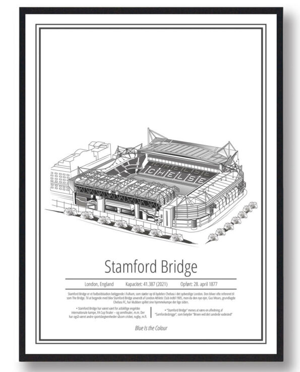 Fodbold plakat med Chelsea stadion. Denne fodbold plakat med Chelsea er i flot stilren hvid baggrund