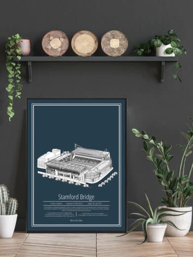 Stamford Bridge Chelsea stadium poster. Detailed architectural illustration on dark blue background. Perfect football gift for Chelsea fans.