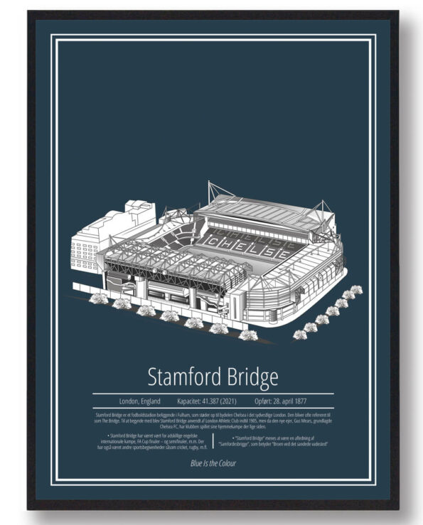 Fodbold plakat med Chelsea stadion. Denne fodbold plakat med Chelsea er i flot stilren mørkeblå baggrund