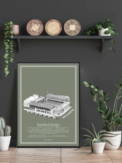 Stamford Bridge stadium poster. Chelsea FC football art print, featuring a detailed architectural-style illustration in muted green tones.