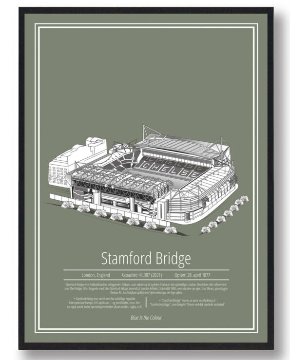 Fodbold plakat med Chelsea stadion. Denne fodbold plakat med Chelsea er i flot stilren mørkegrøn baggrund