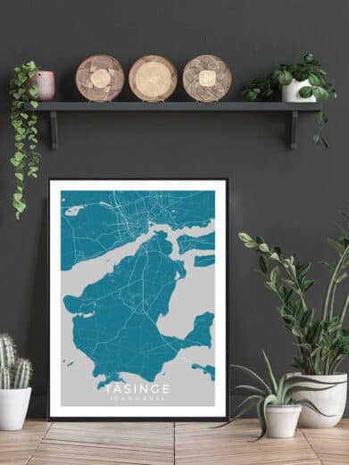 Framed Tasinge map poster. Teal and gray design. Danish island art print for home decor. Minimalist style.