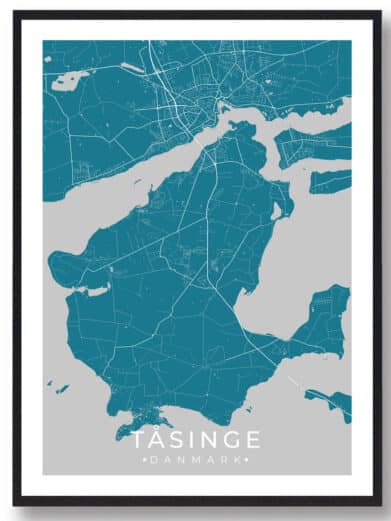 Tunø plakat i sort ramme. Detaljeret kort over Tunø, Midtjylland, i blå og grå nuancer med hvide vejstreger. Dansk ø design.