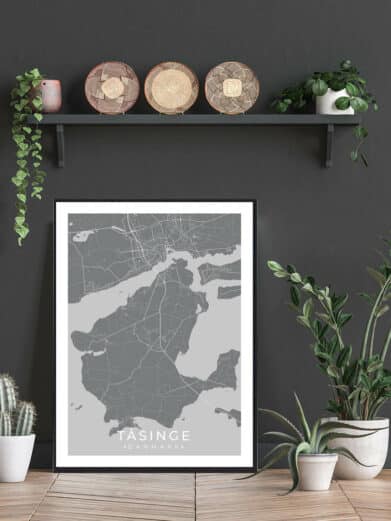 Tåsinge poster in gray scale showing the island's map, black frame, styled with plants and decorative baskets on a dark gray wall.