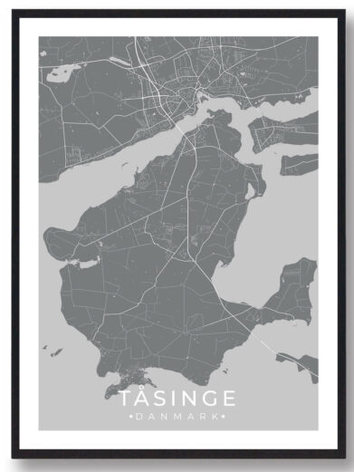 Grey Tunø plakat print featuring a detailed map of the Danish island, framed in black. Part of the Danske Øer collection.