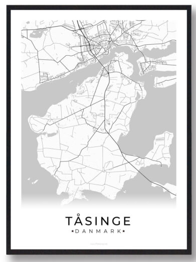 Sort Tunø plakat med detaljeret kort over Tunø, Danmark. Minimalistisk design med sort ramme. Danske Øer, Midtjylland.