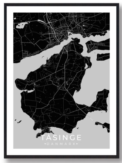 Sort Tunø plakat med detaljeret kort over øen, danske øer, Midtjylland. Minimalistisk design i sort og hvid med elegant sort ramme.