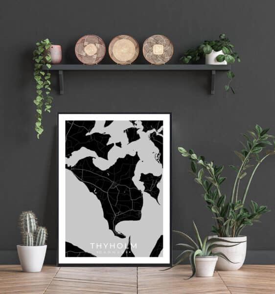 Framed Thyholm map poster, black and white, showcasing Danish island's layout. Minimalist design, modern home decor.