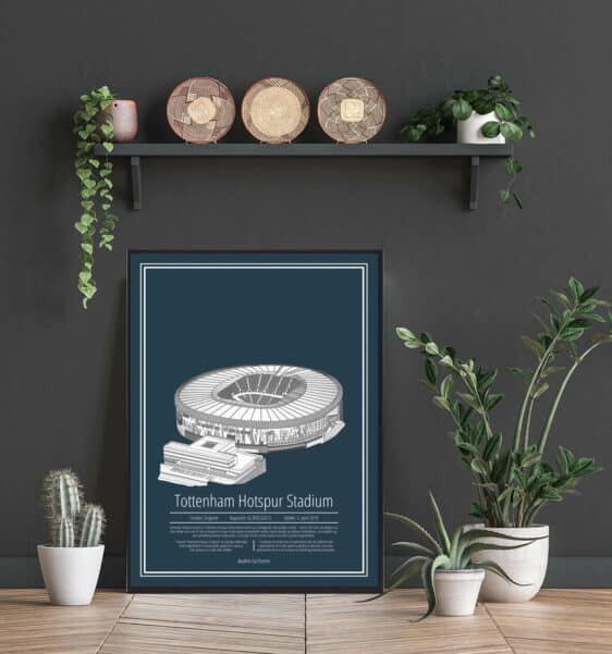 Tottenham Hotspur Stadium poster featuring a detailed architectural illustration of the stadium against a dark blue background.