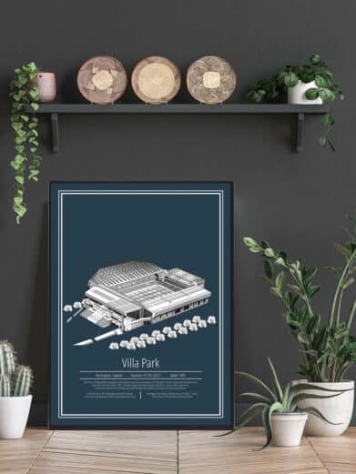Aston Villa fodbold plakat. Se det flotte Aston Villa stadion plakat med blå baggrund