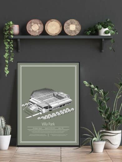 Aston Villa fodbold plakat. Se det flotte Aston Villa stadion plakat med grøn baggrund
