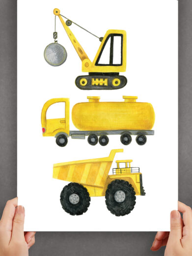 Håndtegnet børneplakat med gravko og tankvogn.