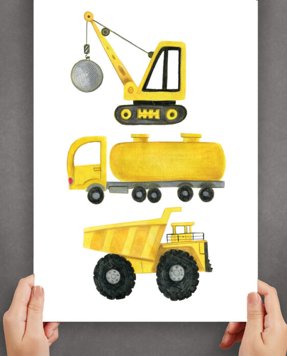 Håndtegnet børneplakat med gravko og tankvogn.