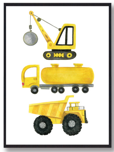 Håndtegnet børneplakat med gravko og tankvogn.