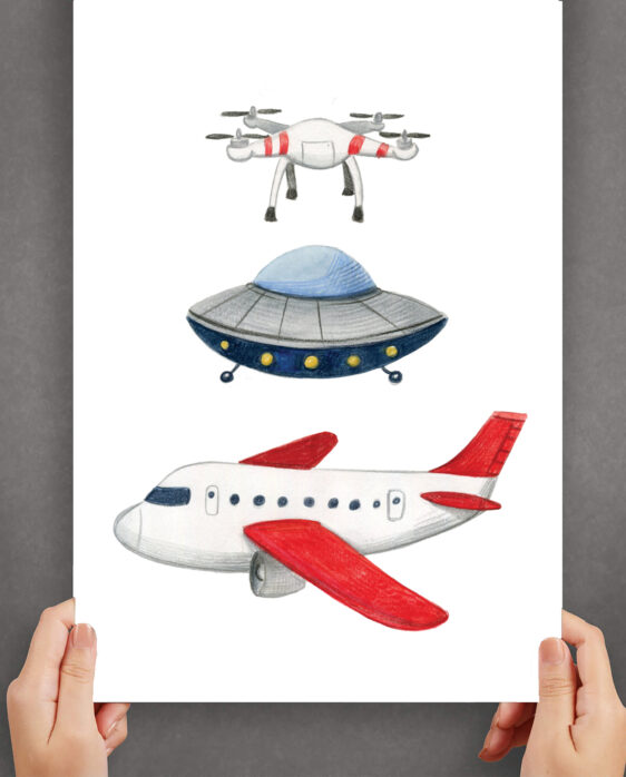 Børneplakat med fly, drone og ufo.
