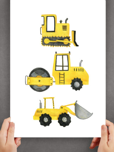 Børneplakat med gravko og gule vejarbejsmaskiner