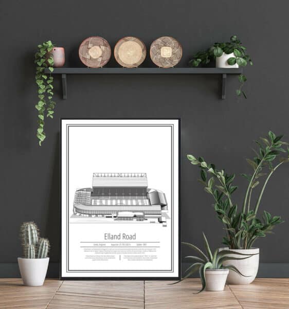 Leeds fodbold plakat. Se det flotte Leeds stadion plakat med hvid baggrund