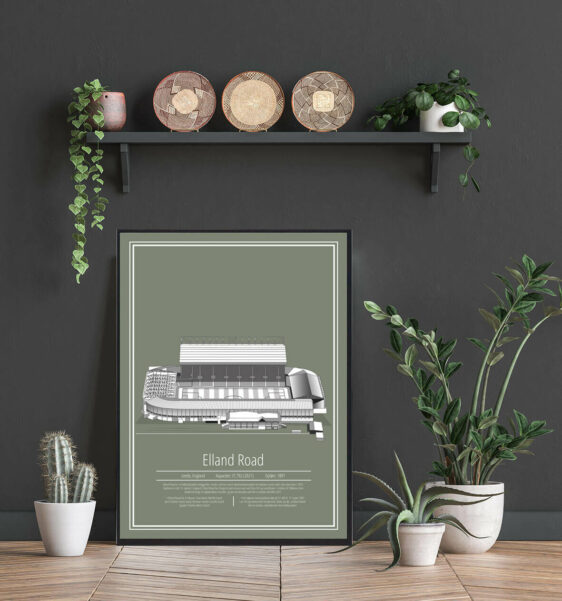 Leeds fodbold plakat. Se det flotte Leeds stadion plakat med grøn baggrund