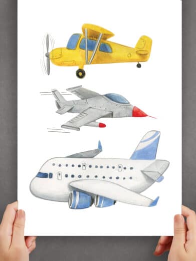 Håndtegnet børneplakat med fly og jagerfly
